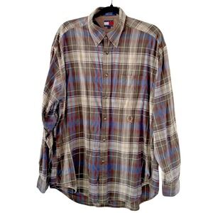 Tommy Hilfiger Mens Large Plaid Button Down Shirt Blue Brown Crest Logo Vintage